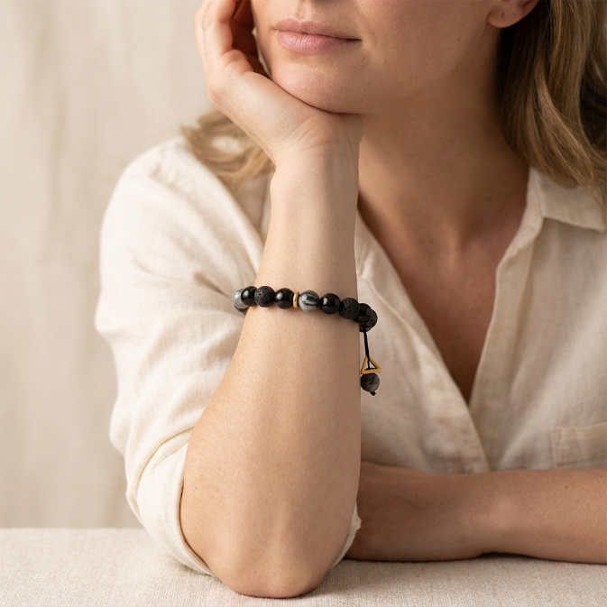Black Obsidian Lava Rock Yin Yang Bracelet