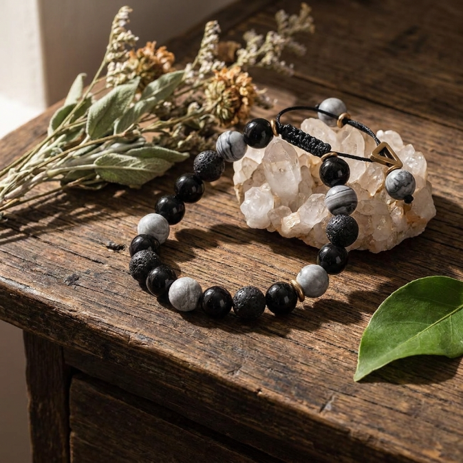 Black Obsidian Lava Rock Yin Yang Bracelet