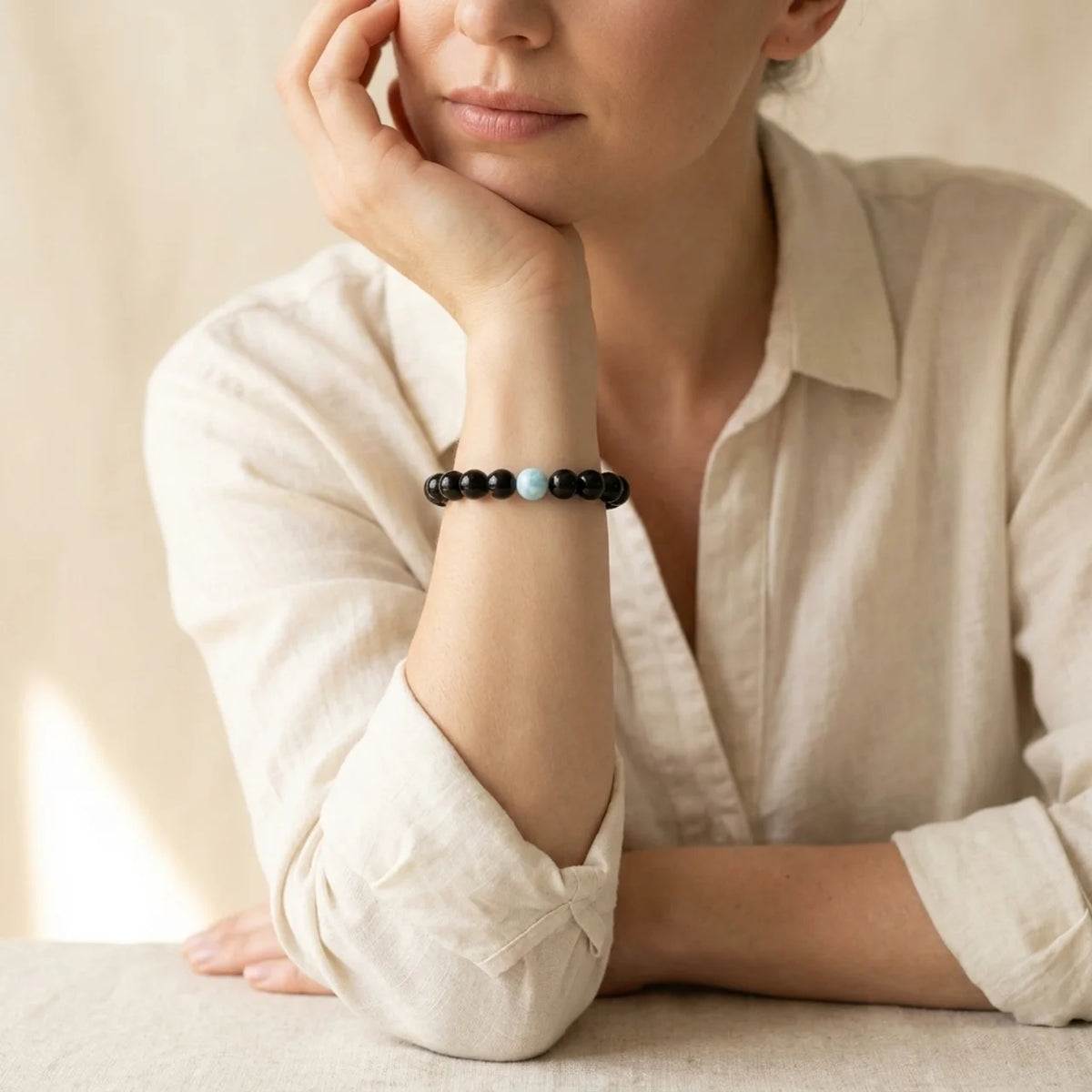 Bracelet de perles en obsidienne noire et turquoise