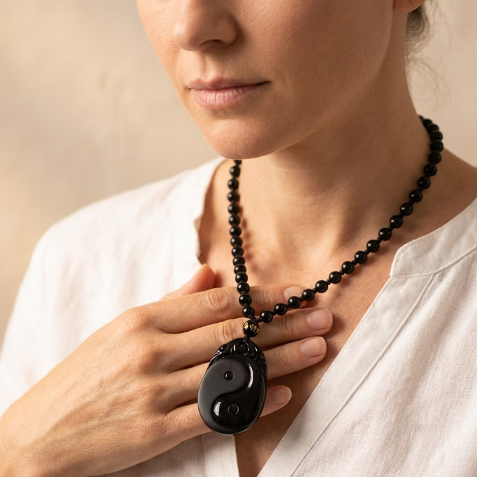 Collier pendentif Yin Yang en obsidienne noire