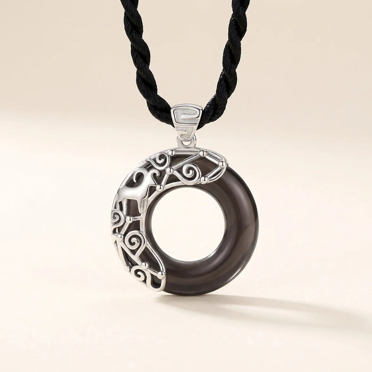 Black Obsidian Zodiac Round Pendant Necklace