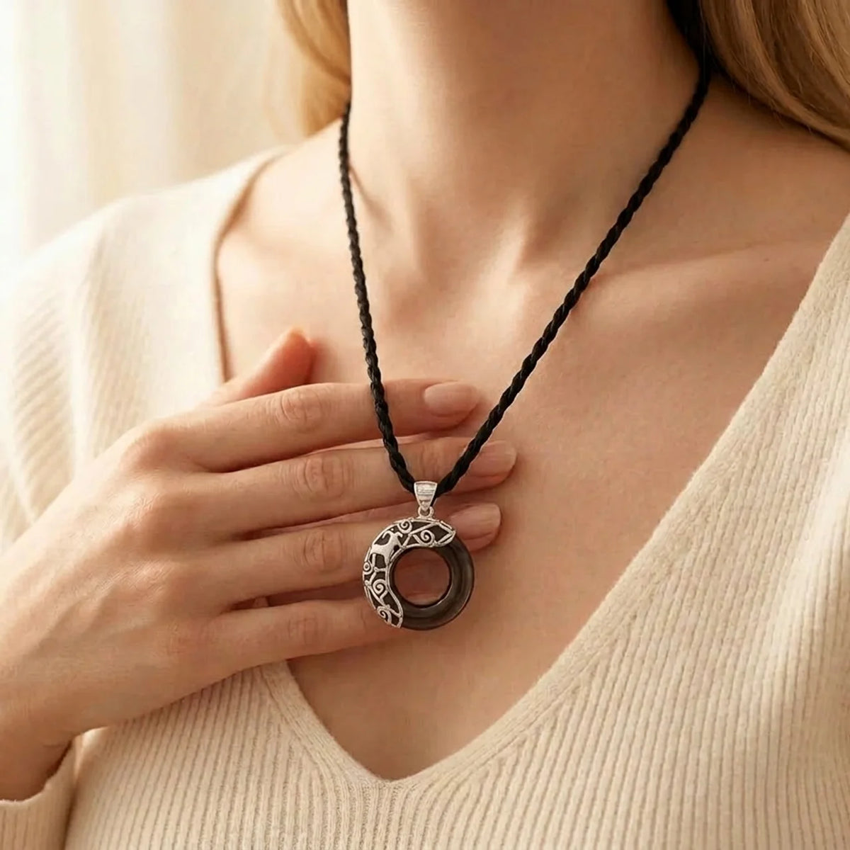 Black Obsidian Zodiac Round Pendant Necklace