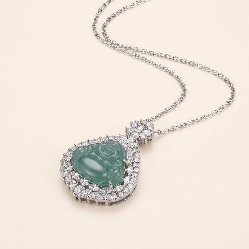 Blue Jade Laughing Buddha Pendant Necklace