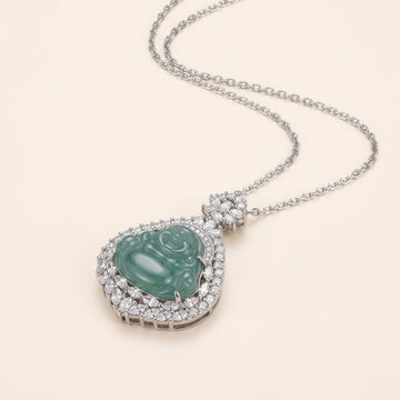 Blue Jade Laughing Buddha Pendant Necklace