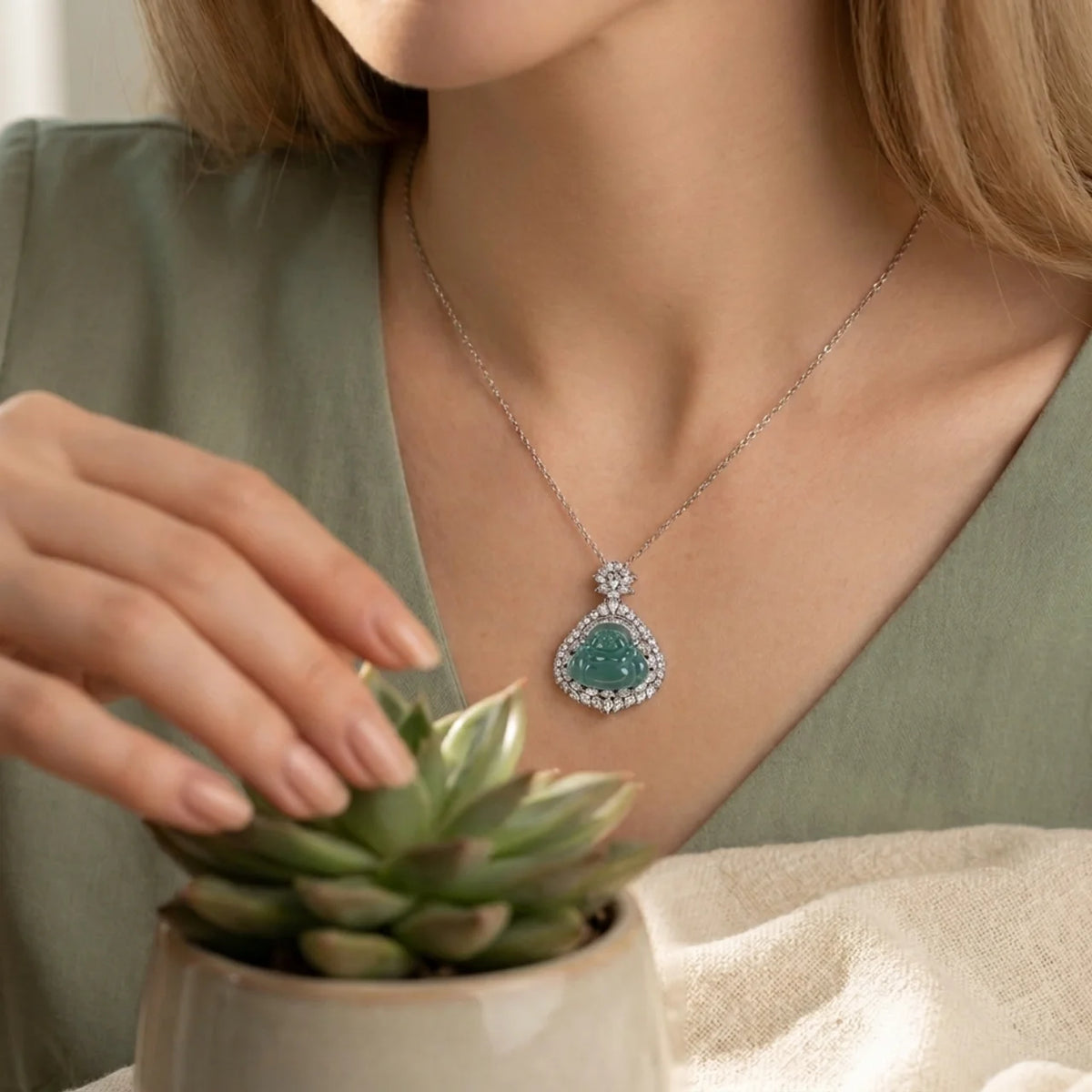 Blue Jade Laughing Buddha Pendant Necklace