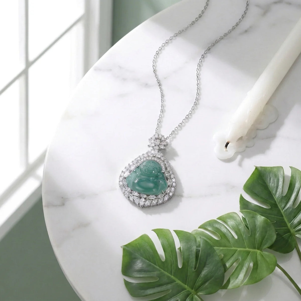 Blue Jade Laughing Buddha Pendant Necklace