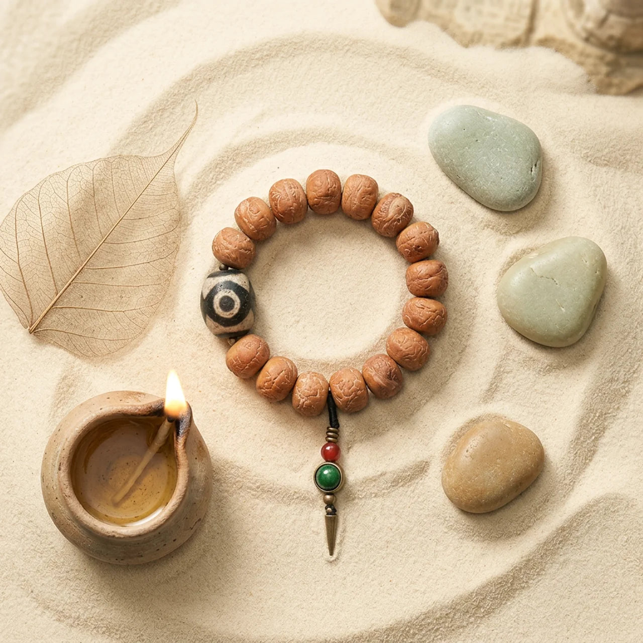 Bodhi Seed Dzi Bead Peace Charm Wrist Mala
