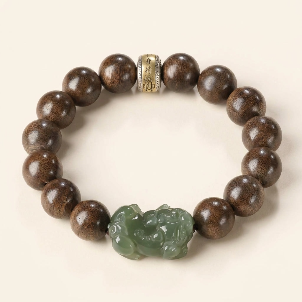 Brunei Agarwood Jade Pixiu Men's Beaded Bracelet