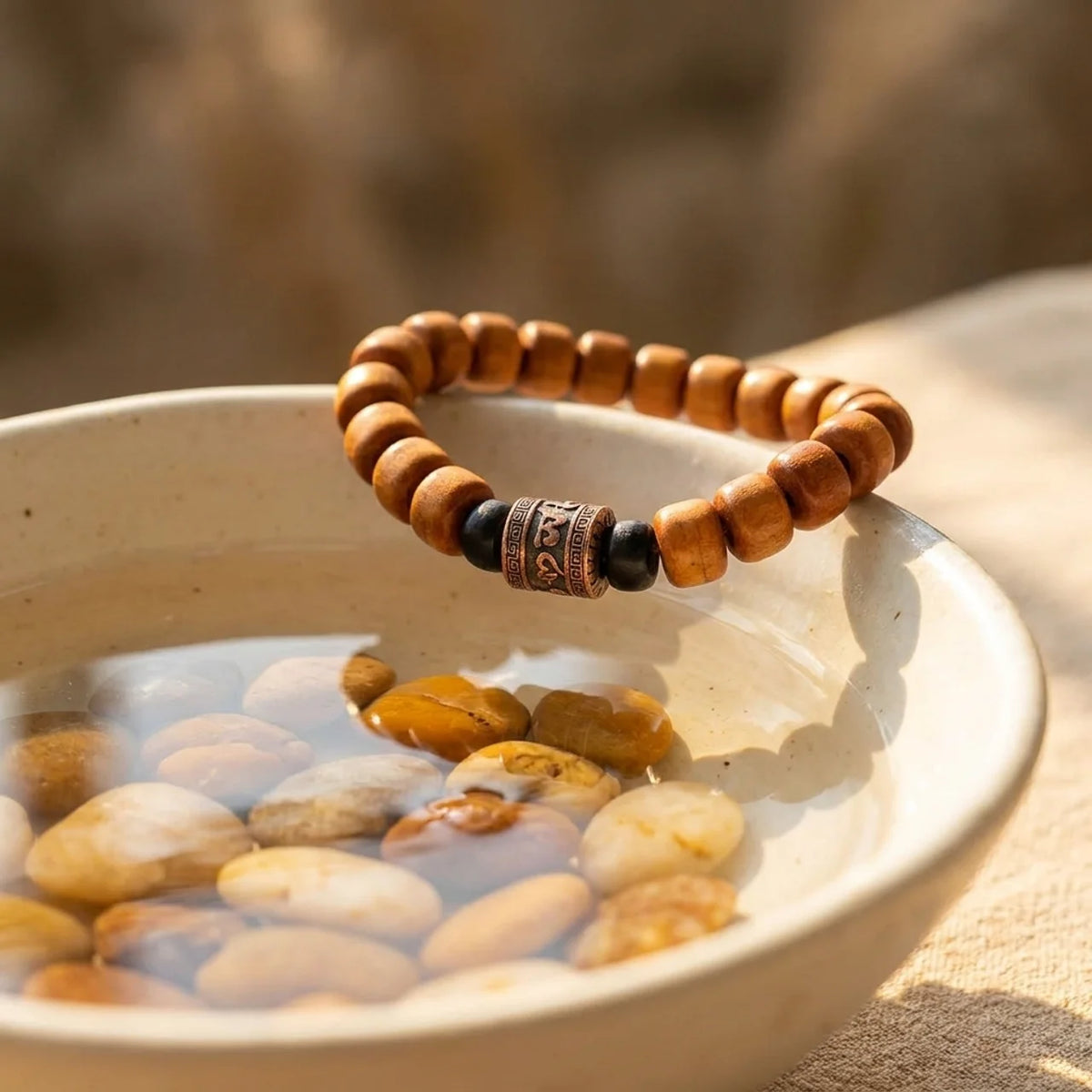 Carved Bone Om Mantra Beaded Bracelet