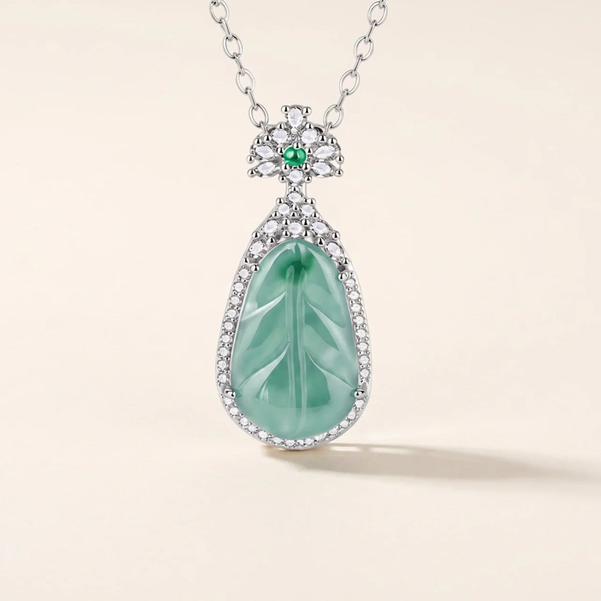 Carved Green Jade Leaf Pendant Necklace