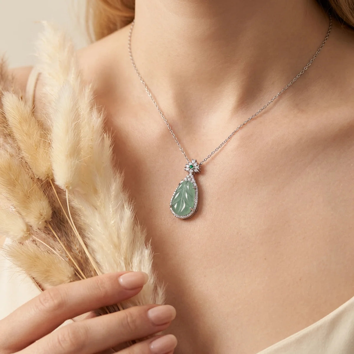 Carved Green Jade Leaf Pendant Necklace