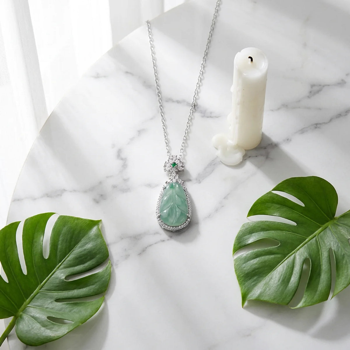 Carved Green Jade Leaf Pendant Necklace