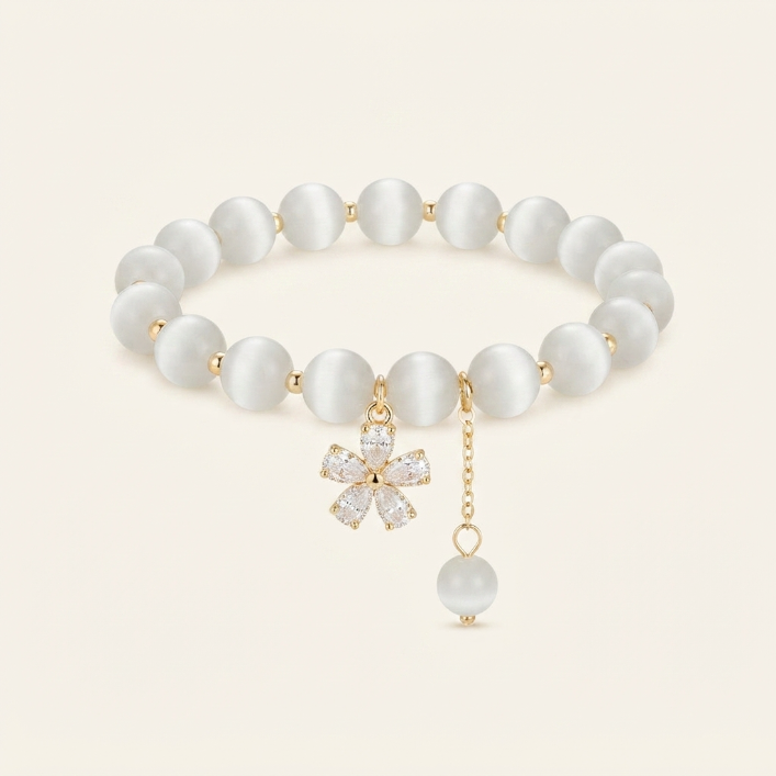 Cat's Eye Flower Charm Beaded Bracelet