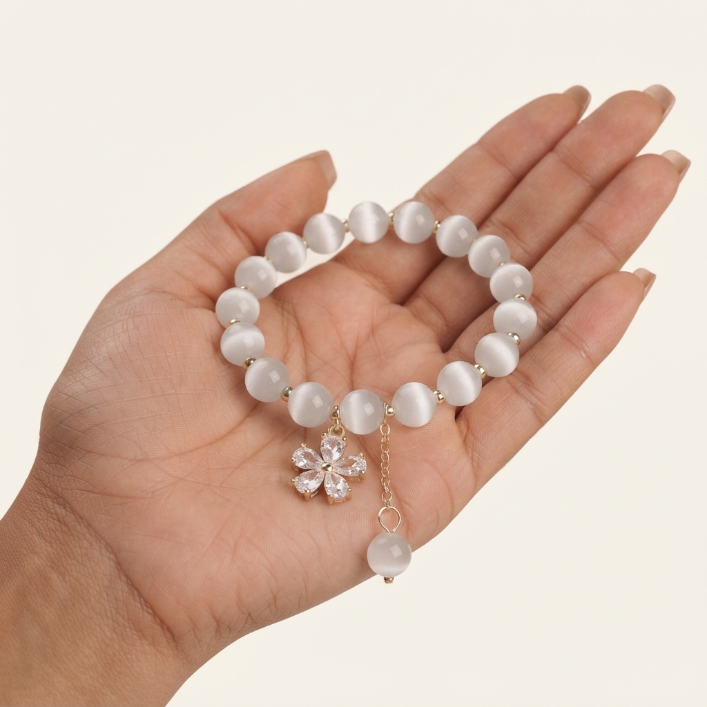 Cat's Eye Flower Charm Beaded Bracelet