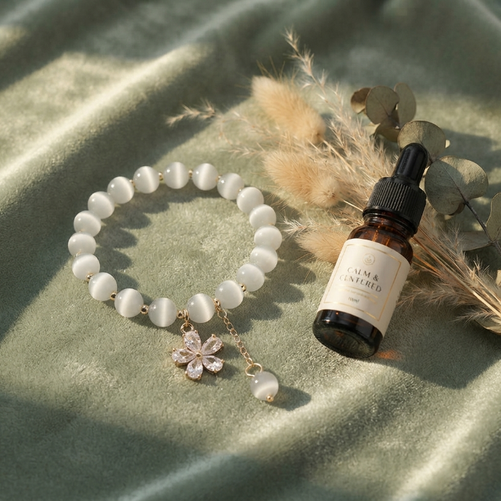 Cat's Eye Flower Charm Beaded Bracelet