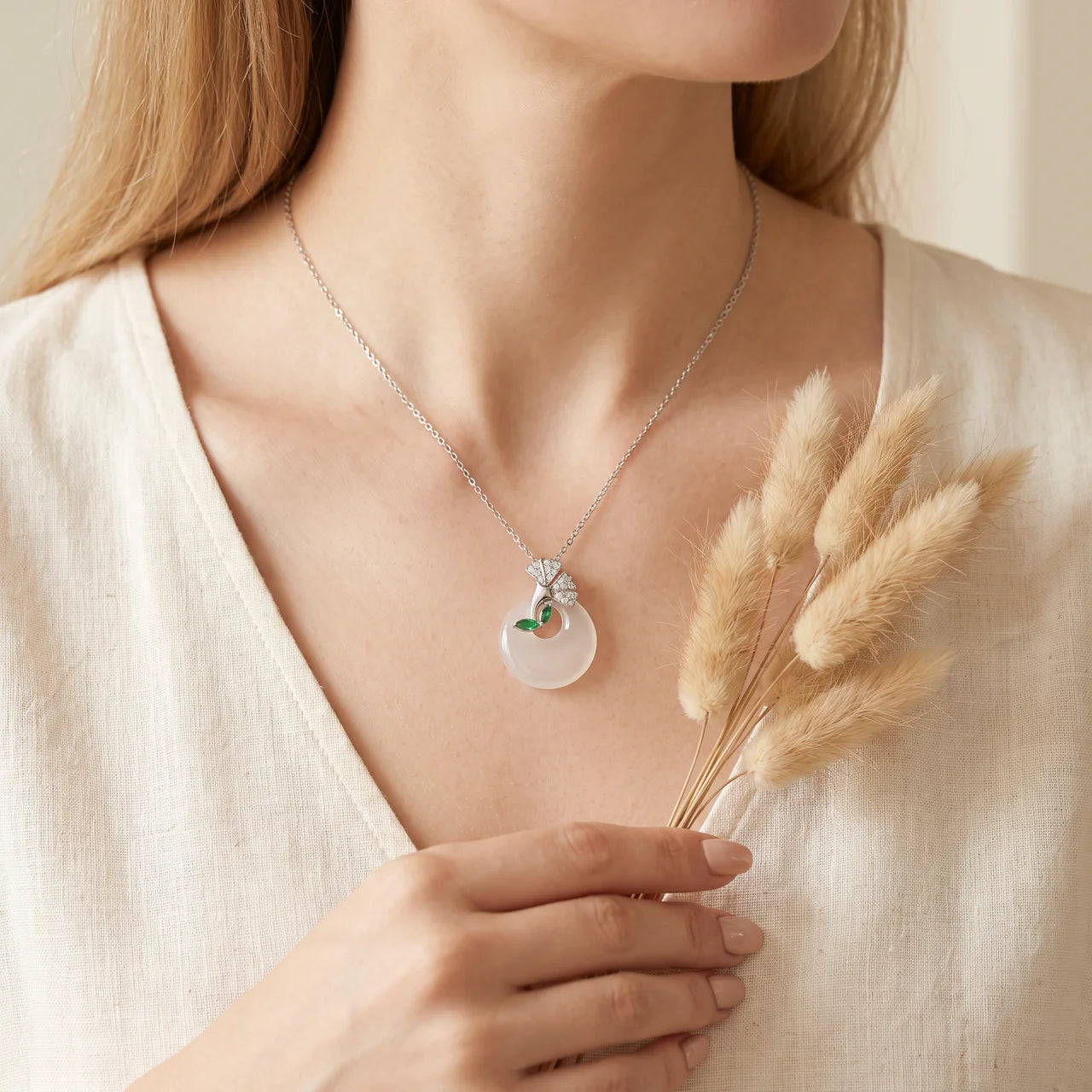 Chalcedony Ginkgo Peace Buckle Pendant Necklace