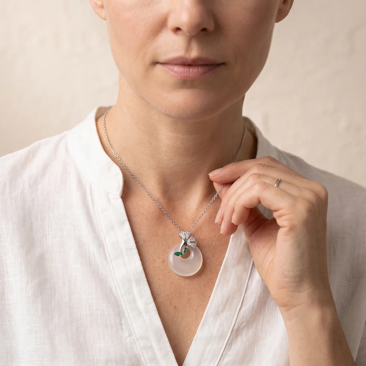 Chalcedony Ginkgo Peace Buckle Pendant Necklace