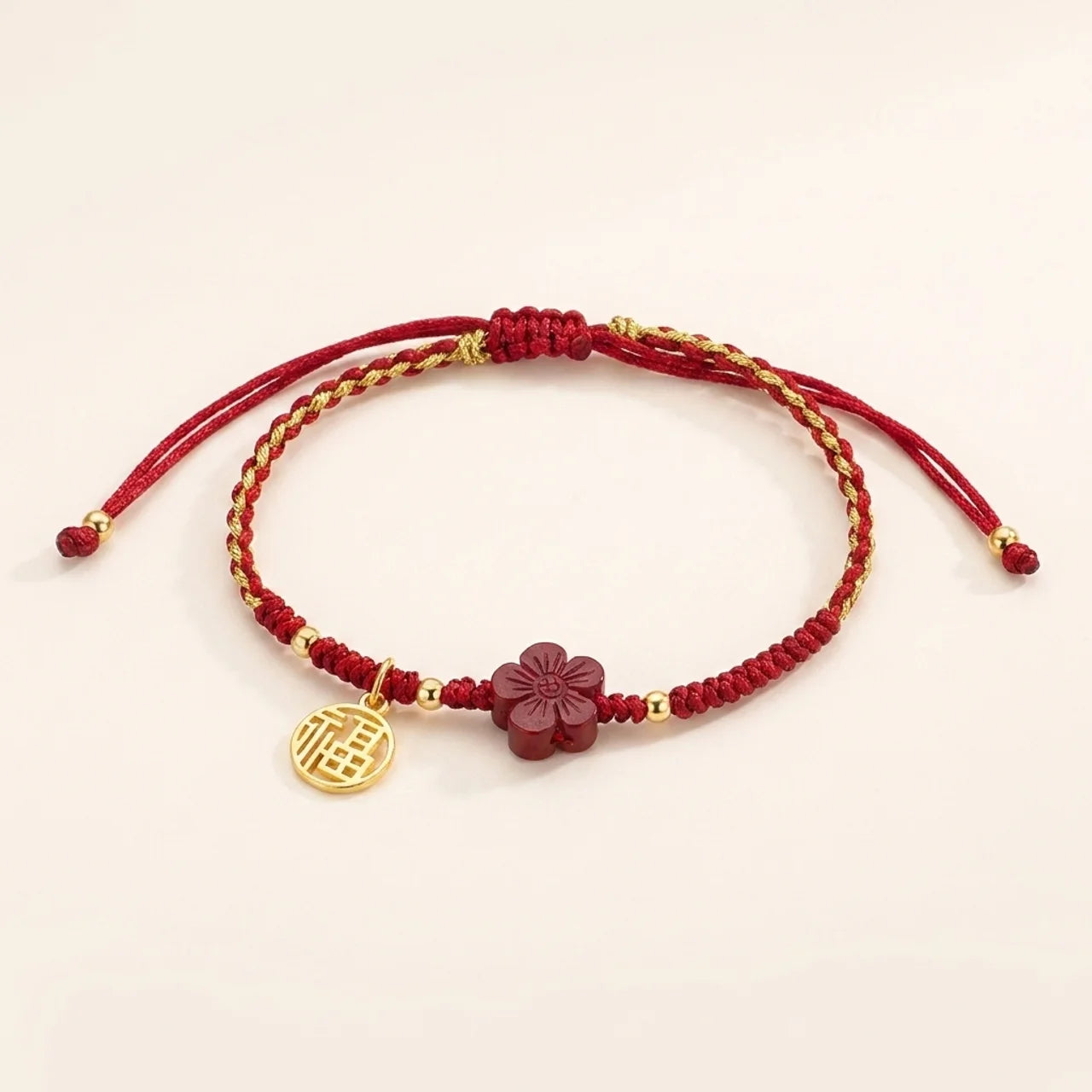 Cinnabar Flower Fu Braided String Bracelet
