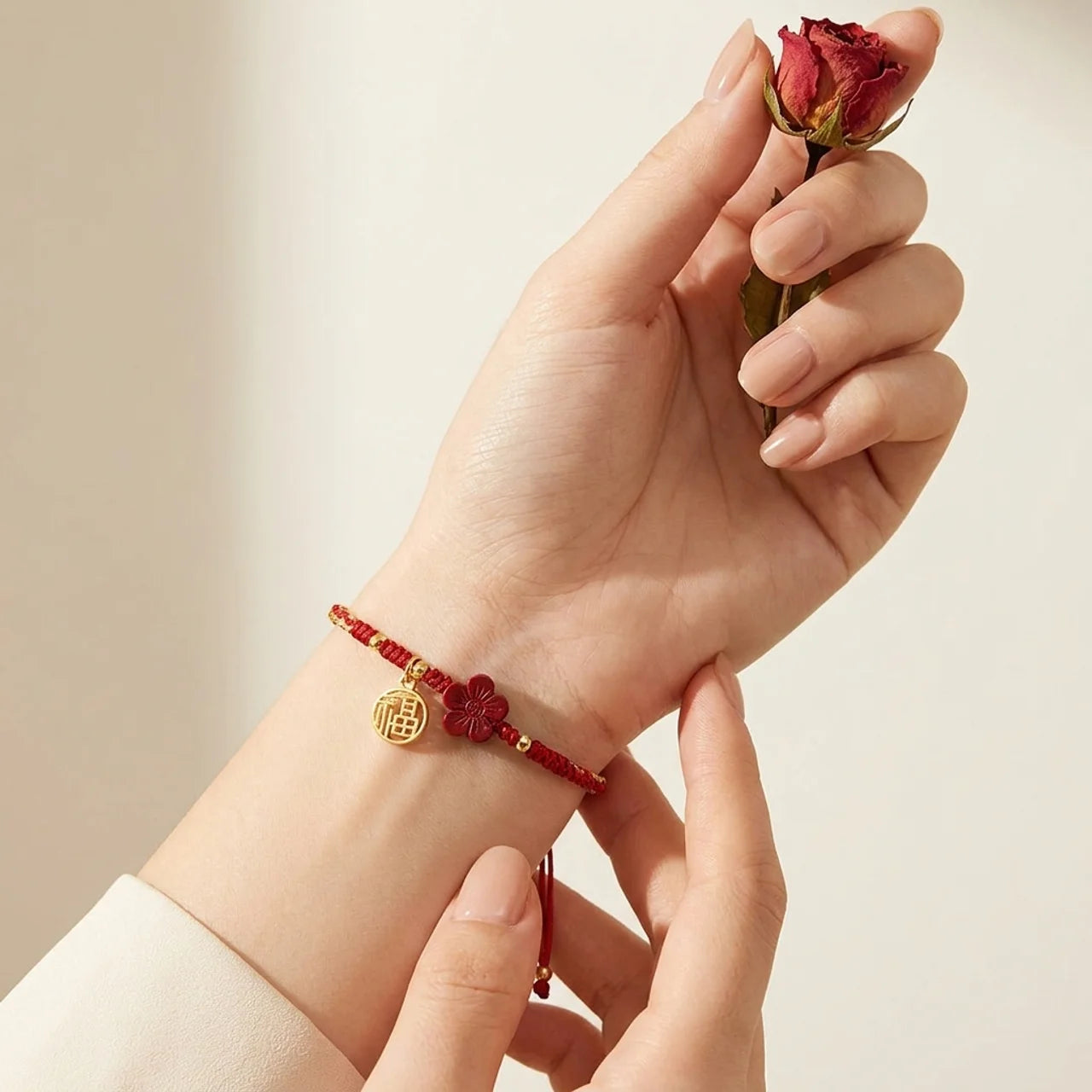 Cinnabar Flower Fu Braided String Bracelet
