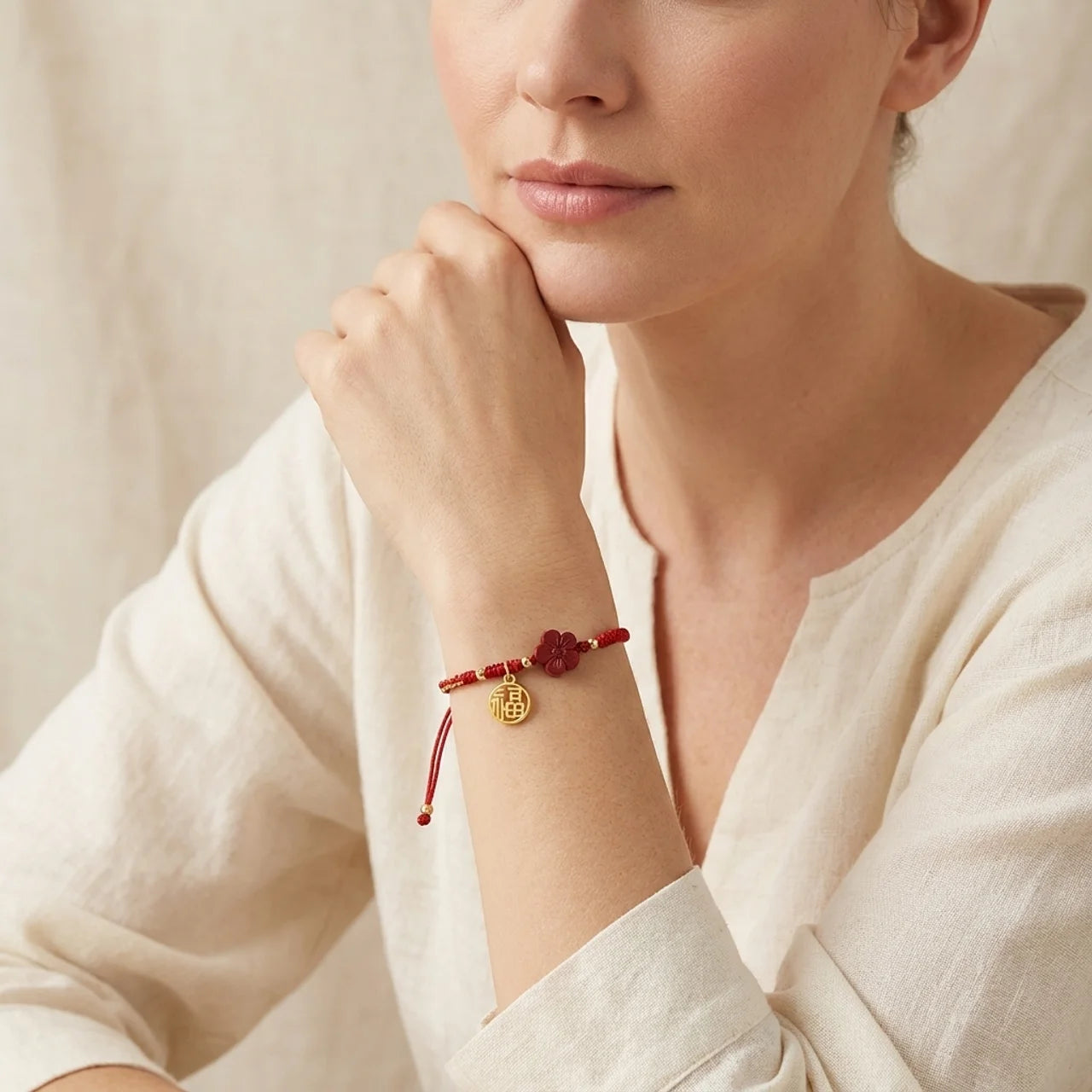 Cinnabar Flower Fu Braided String Bracelet