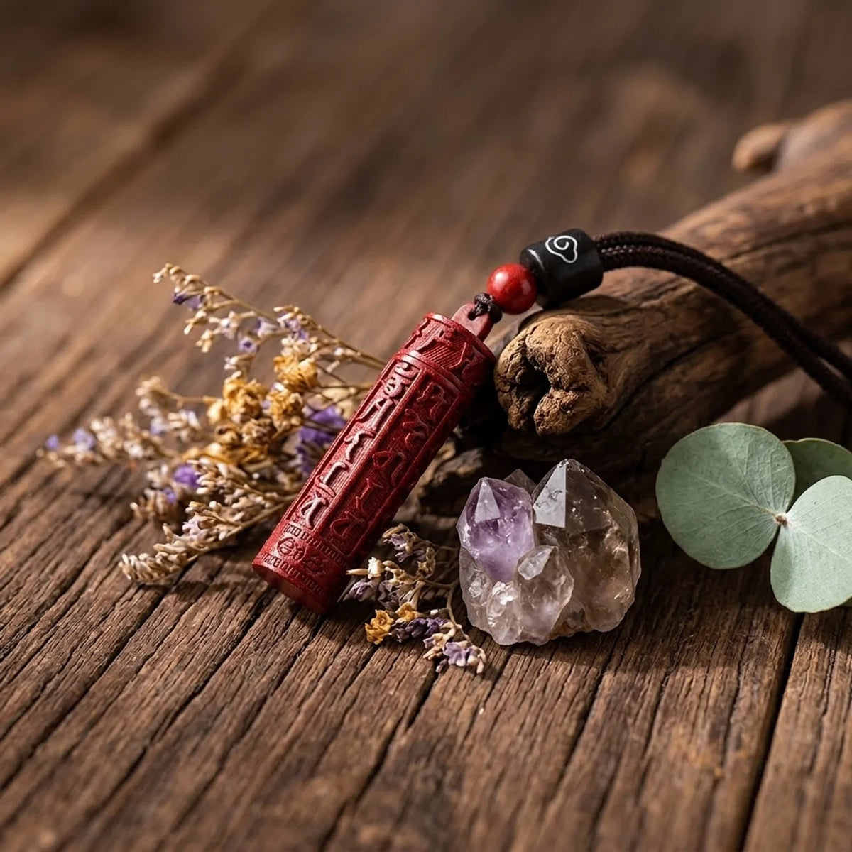 Collier avec pendentif mantra sculpté en cinabre