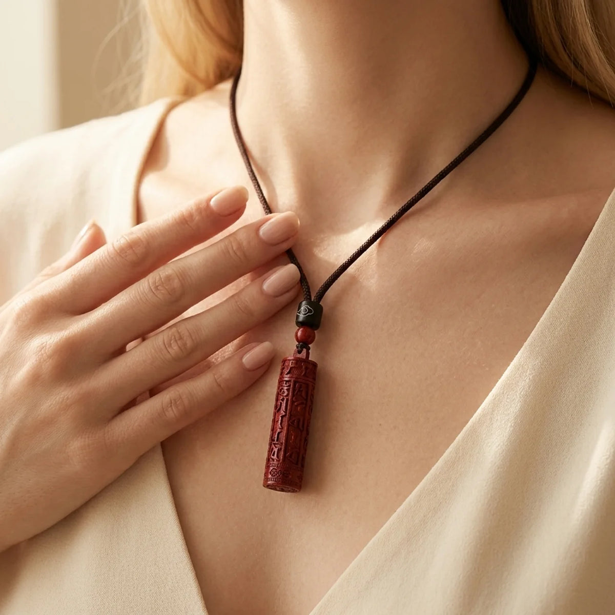 Collier avec pendentif mantra sculpté en cinabre