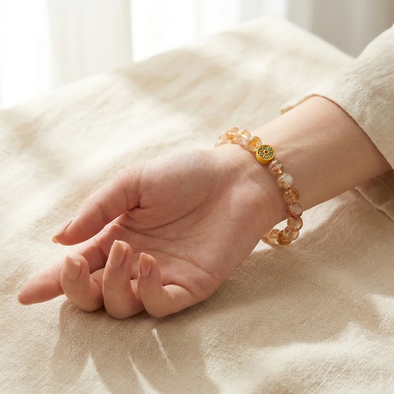 Citrine Om Mani Padme Hum Silver Beaded Bracelet