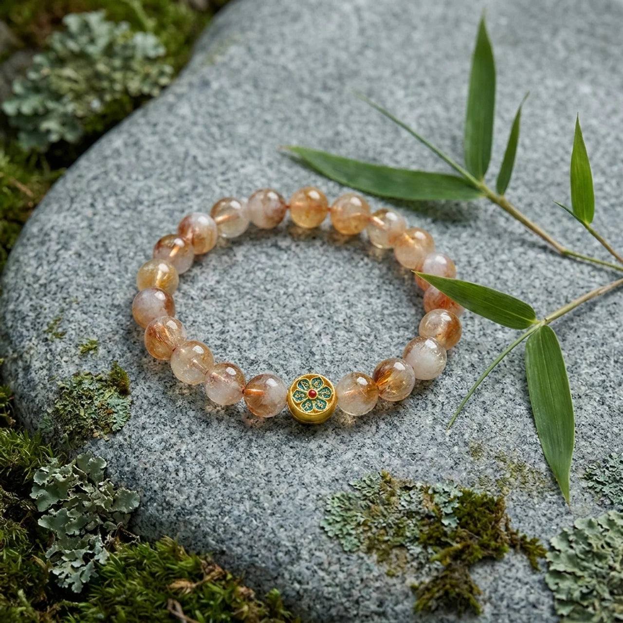 Citrine Om Mani Padme Hum Silver Beaded Bracelet
