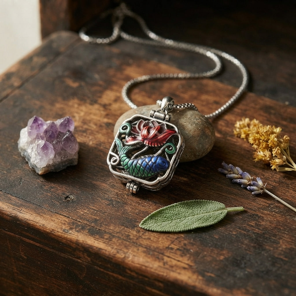 Copper Koi Fish Lotus Ghau Pendant Necklace