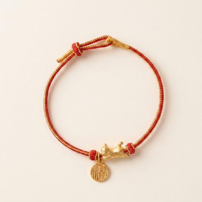 Copper Lucky Cat Fu Character String Bracelet