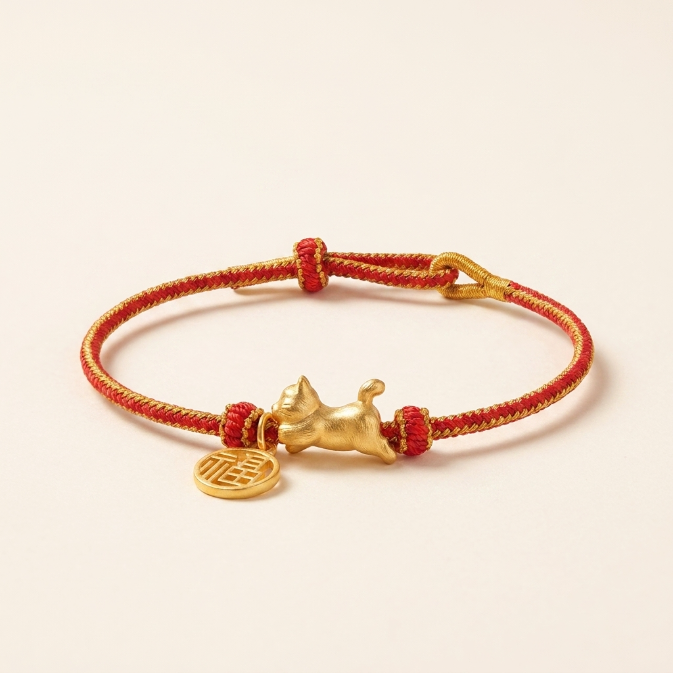 Copper Lucky Cat Fu Character String Bracelet