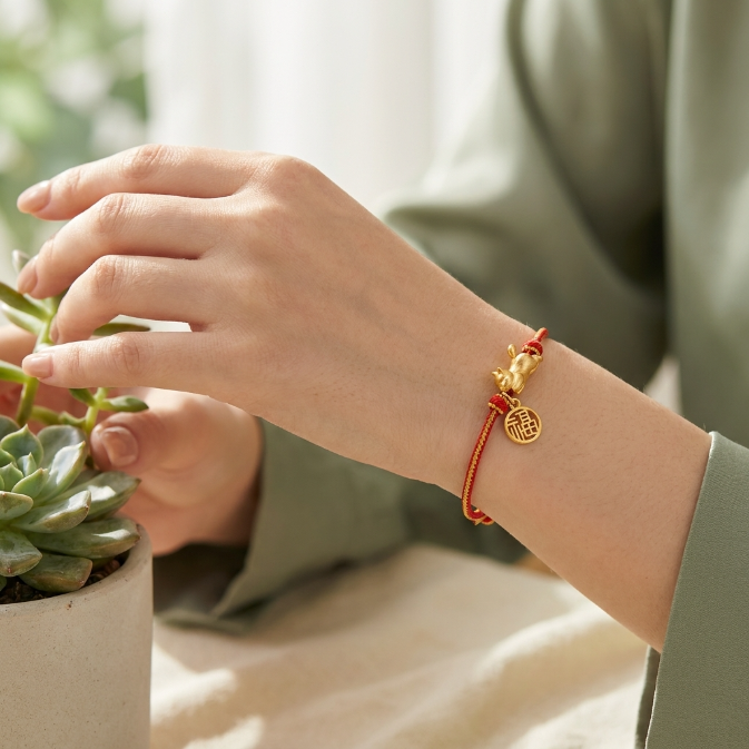 Copper Lucky Cat Fu Character String Bracelet