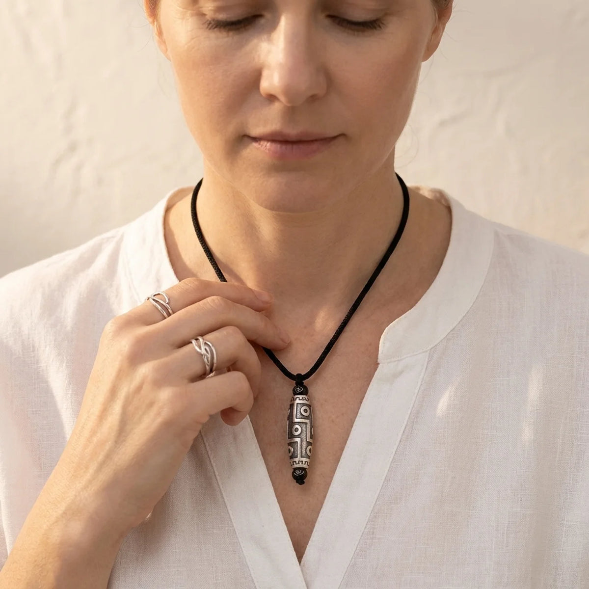 Copper Nine-Eye Dzi Auspicious Clouds Pendant Necklace
