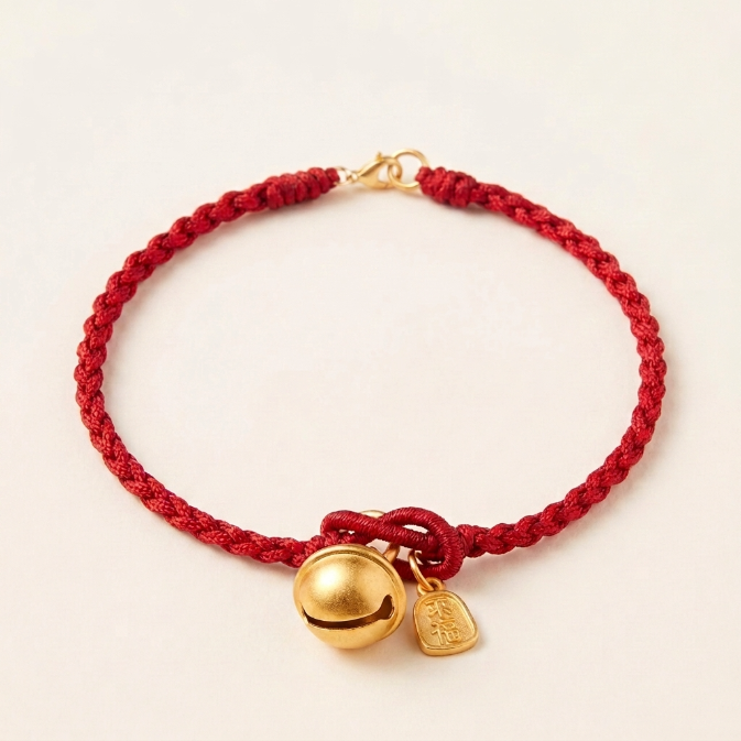 Copper Fu Character Bell Red Rope Bracelet