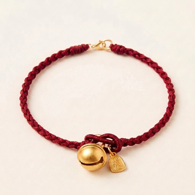 Copper Fu Character Bell Red Rope Bracelet