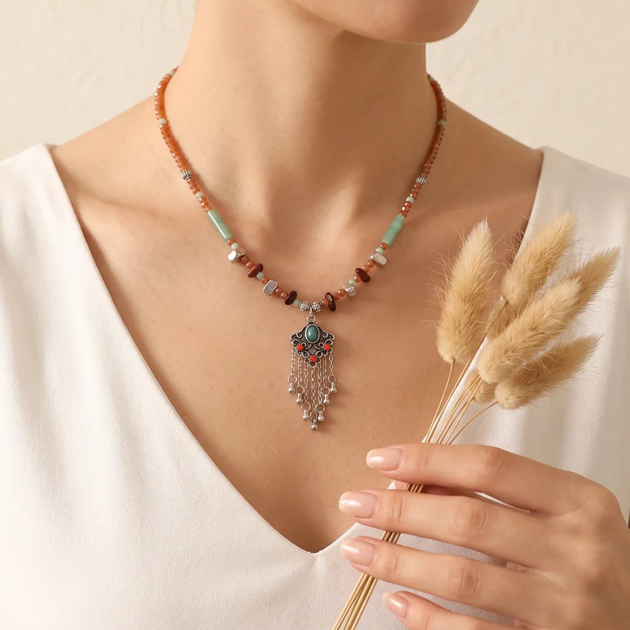 Crystal Copper Tassel Pendant Necklace