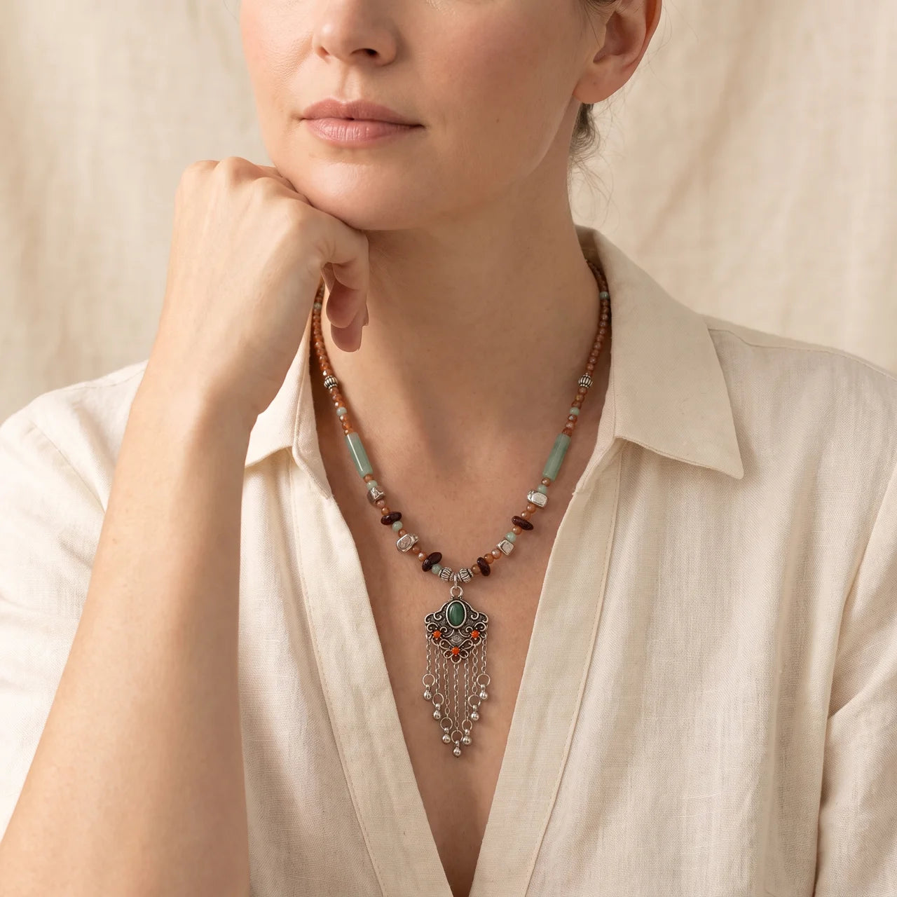 Crystal Copper Tassel Pendant Necklace