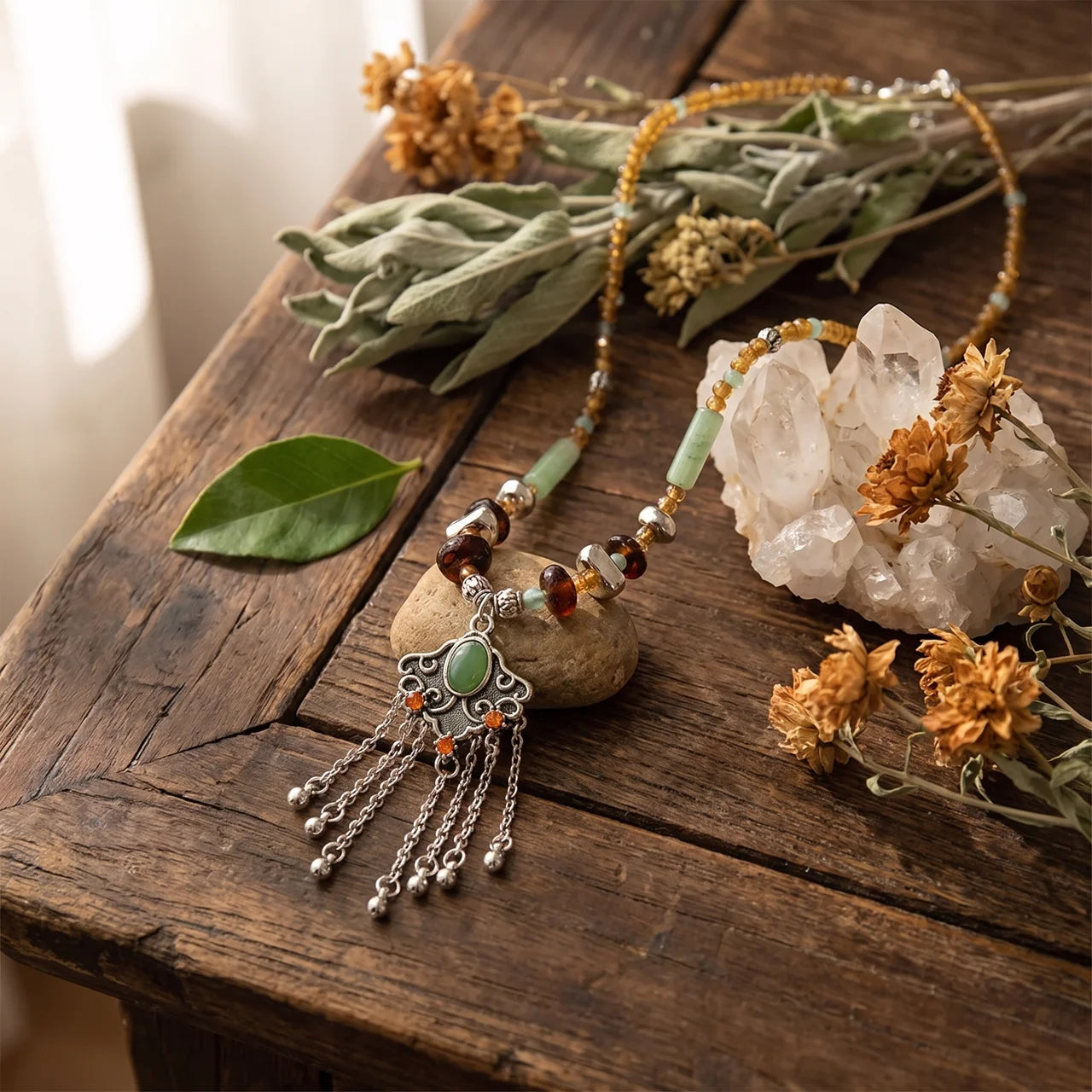 Crystal Copper Tassel Pendant Necklace