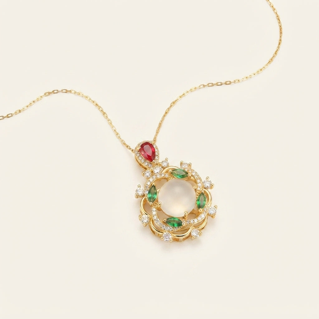 Cyan Jade Red Crystal Luck Pendant Necklace