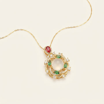 Cyan Jade Red Crystal Luck Pendant Necklace