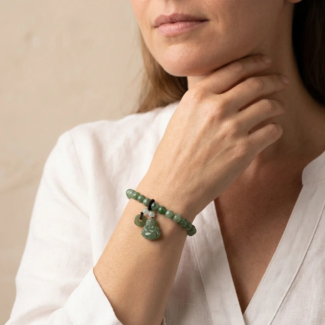 Cyan Jade Laughing Buddha Beaded Bracelet
