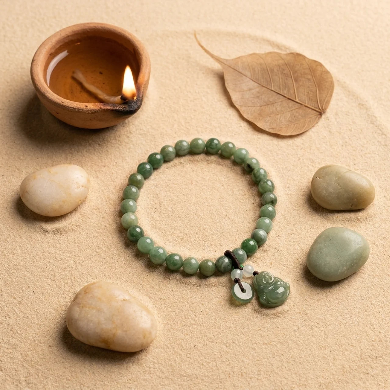Cyan Jade Laughing Buddha Beaded Bracelet