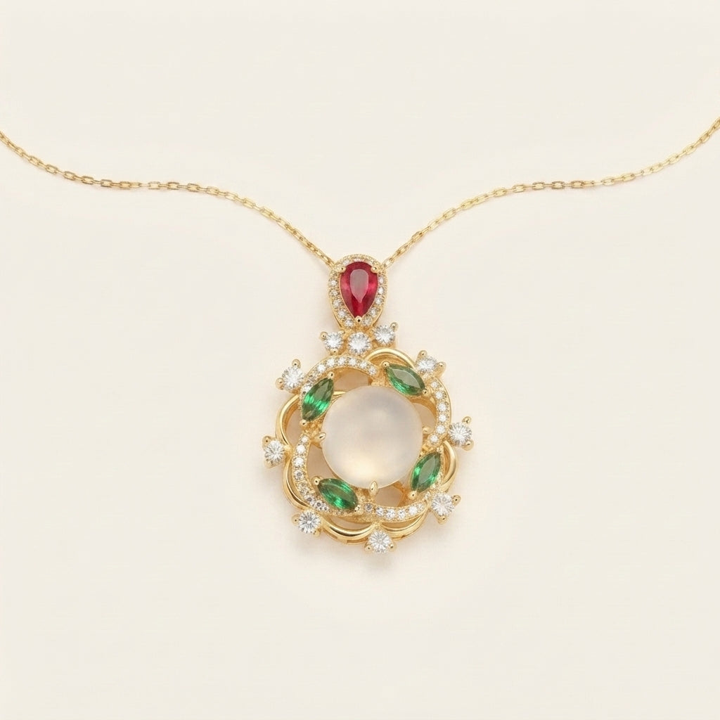 Cyan Jade Red Crystal Luck Pendant Necklace