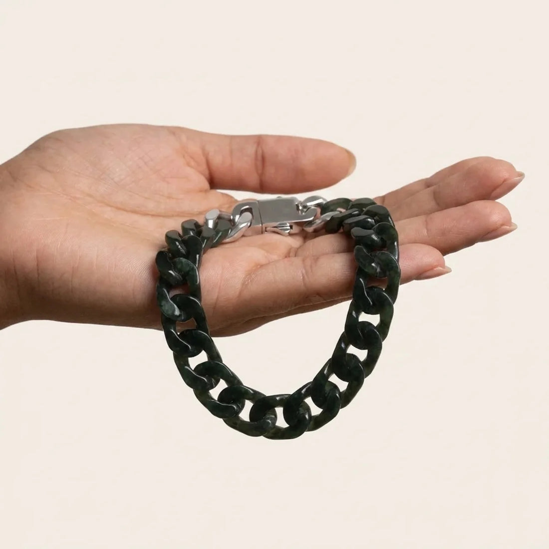 Dark Green Nephrite Jade Cuban Link Bracelet