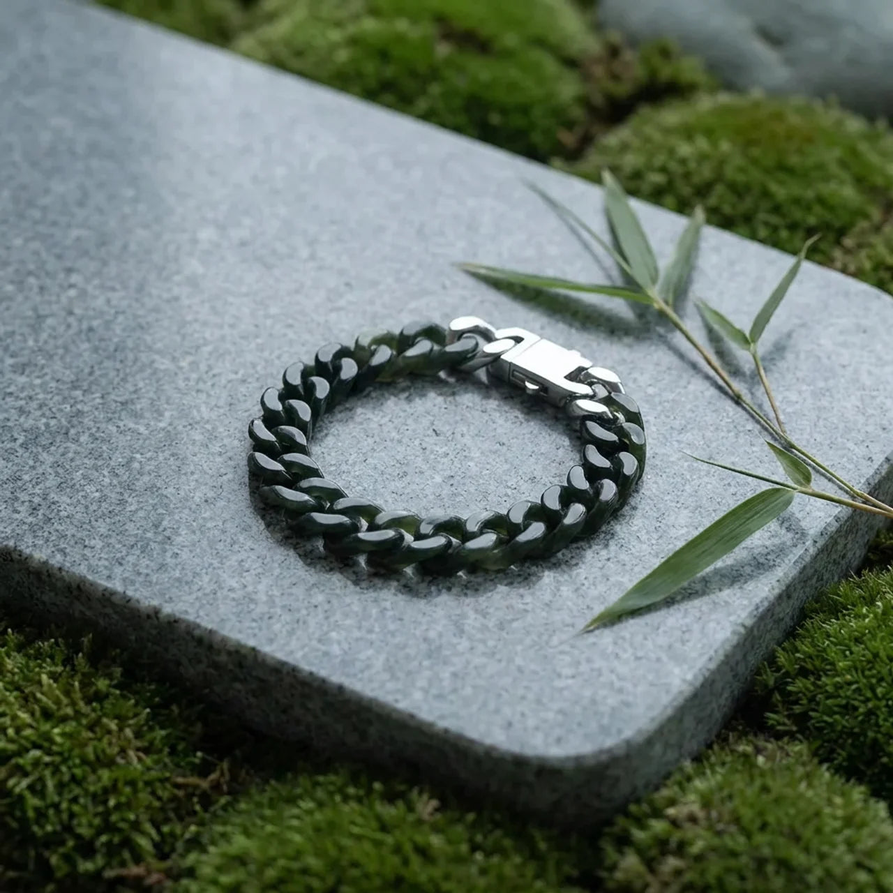 Dark Green Nephrite Jade Cuban Link Bracelet