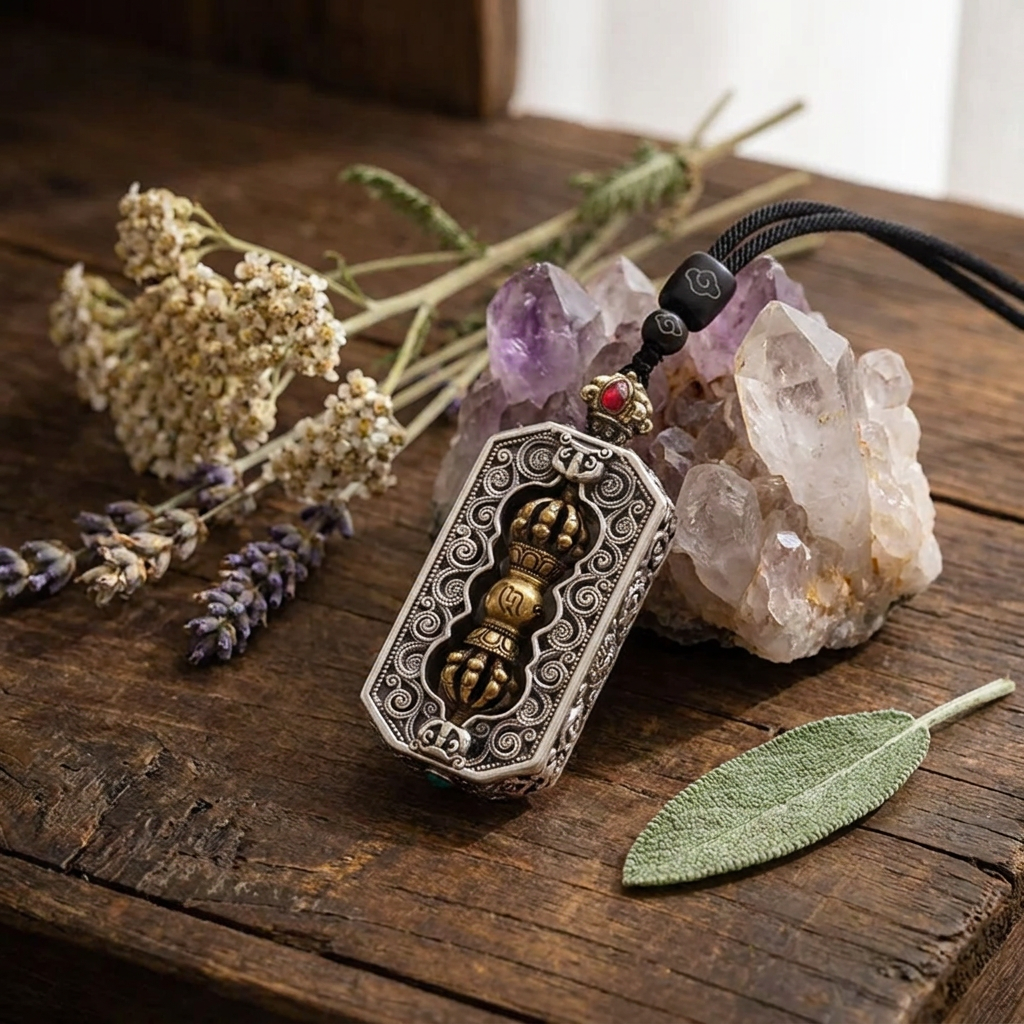 Dorje Vajra Mantra Rotatable Lotus Pendant
