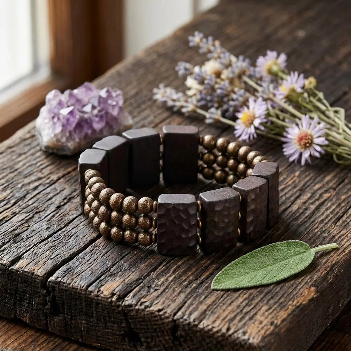 Schwarzes Ebenholz Messing Herrenarmband