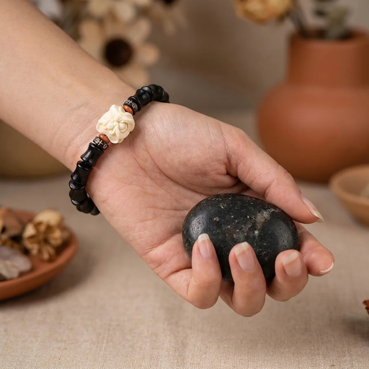 Ebony Wood Lion Dance Charm Bracelet