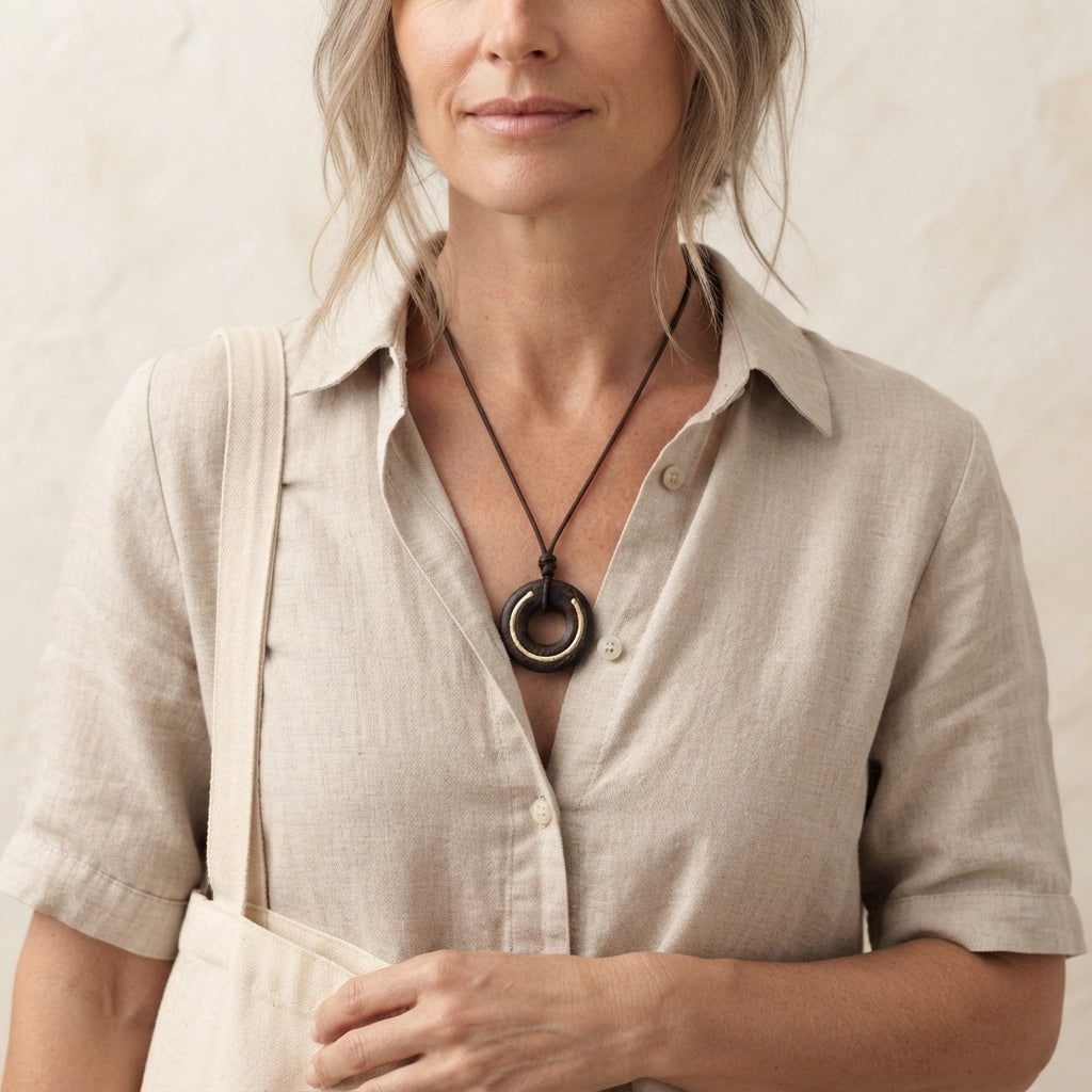Ebony Wood Zen Circle Pendant Necklace