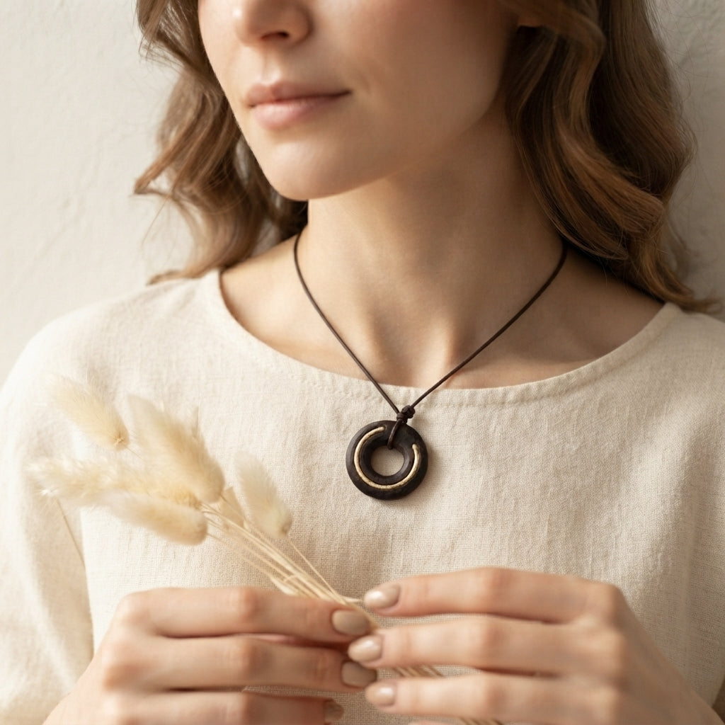 Ebony Wood Zen Circle Pendant Necklace